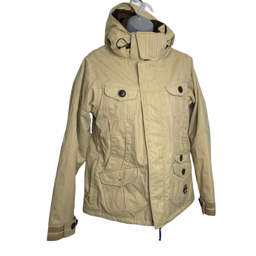 Sims Womens Hooded Snowboard‎ Ski Jacket Beige Stripes M Winter Coat Gorpcore